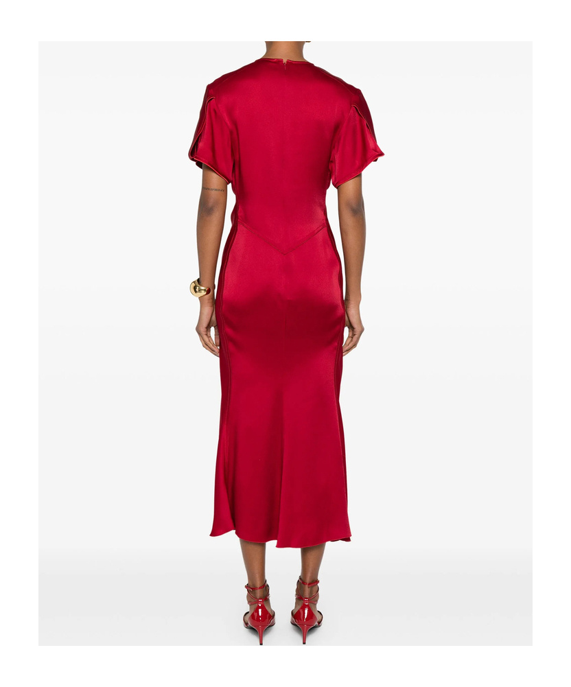 Victoria Beckham Gathered V Neck Midi Dress Tomato