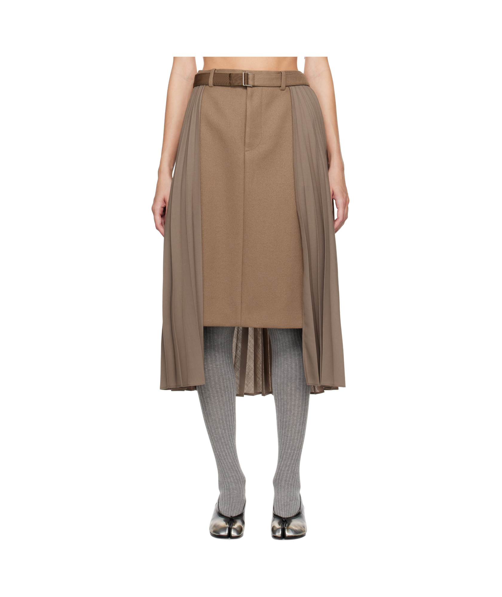 Sacai Khaki Suiting & Wool Melton Midi Skirt In Brown