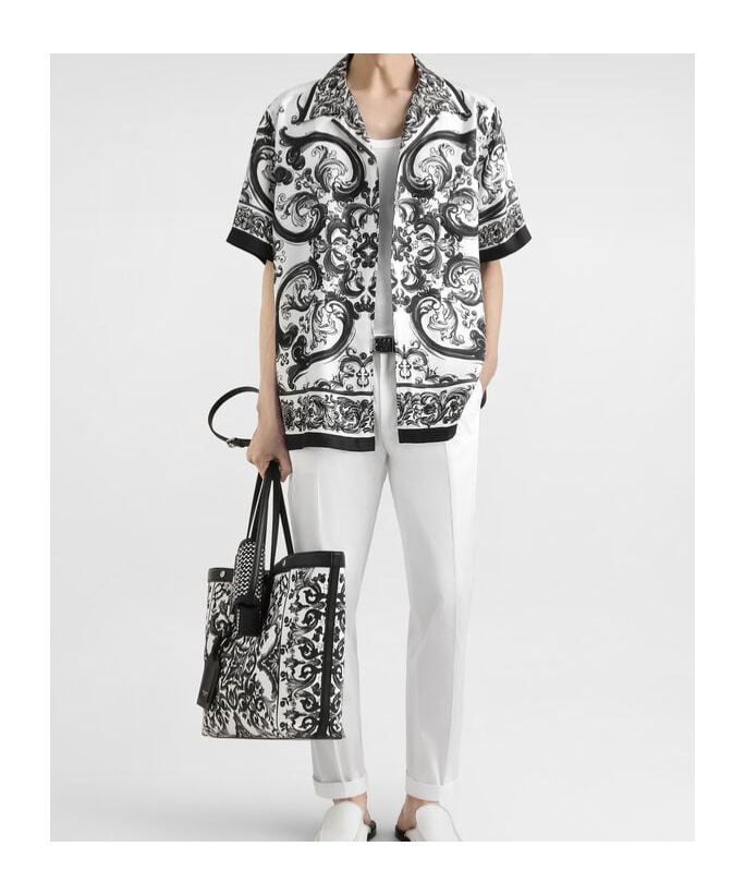 Dolce & Gabbana Maiolica Black And White Bowling Shirt With Cuban Collar And All-over Print In Silk Man In Black