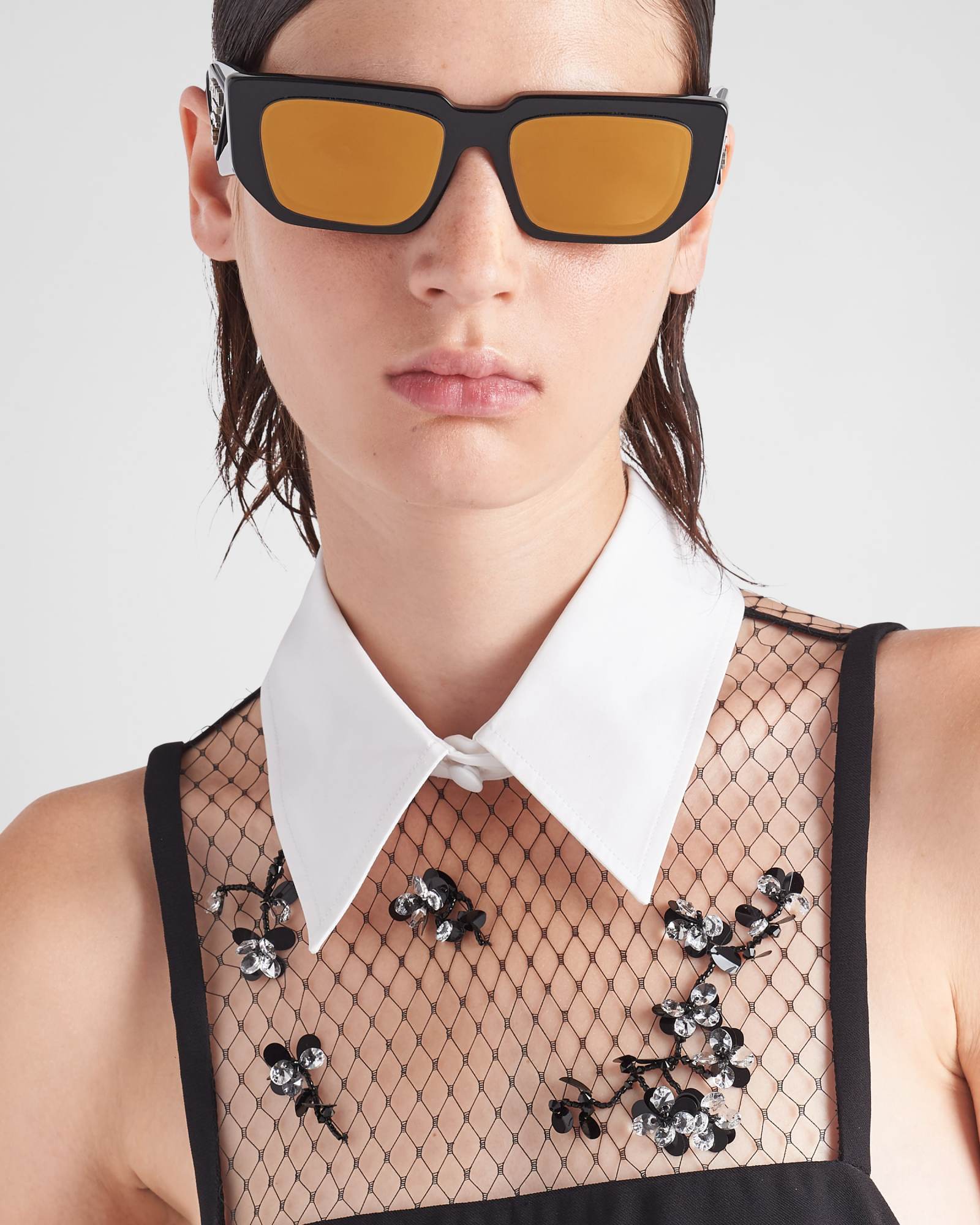 PRADA CADY AND EMBROIDERED MESH MINI-DRESS