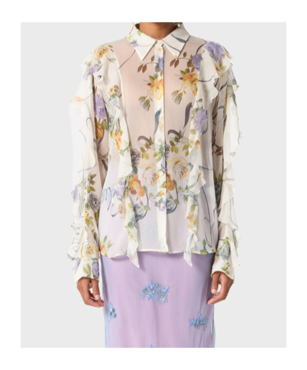 BLUMARINE BLUMARINE FLORAL PRINTED SEMI SHEER RUFFLED SHIRT 