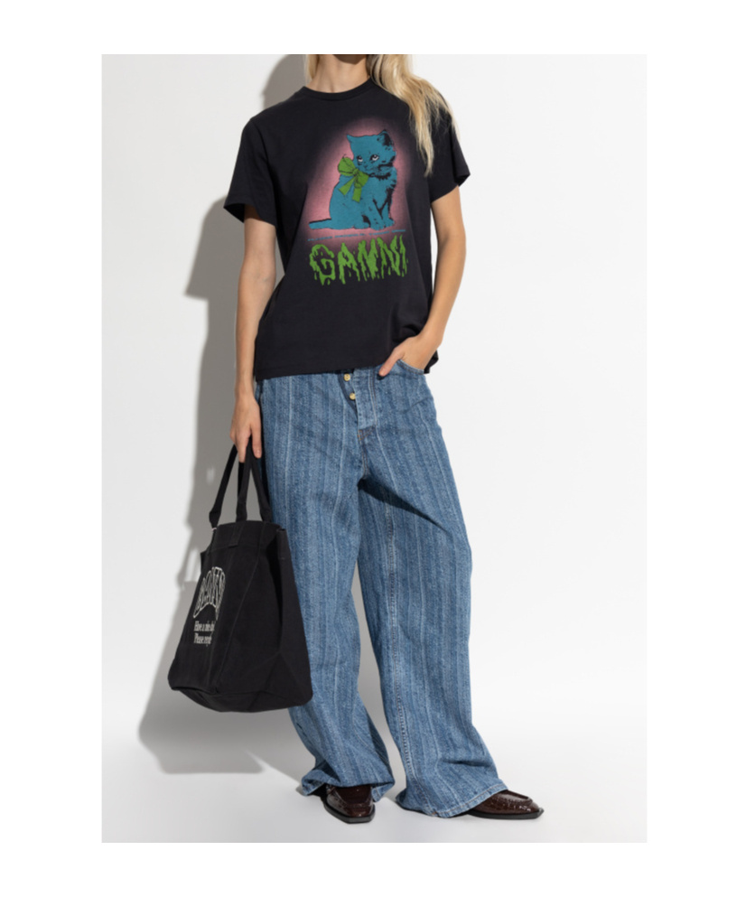 Ganni Women Basic Cotton Jersey Neon Kitty T-shirt In Black