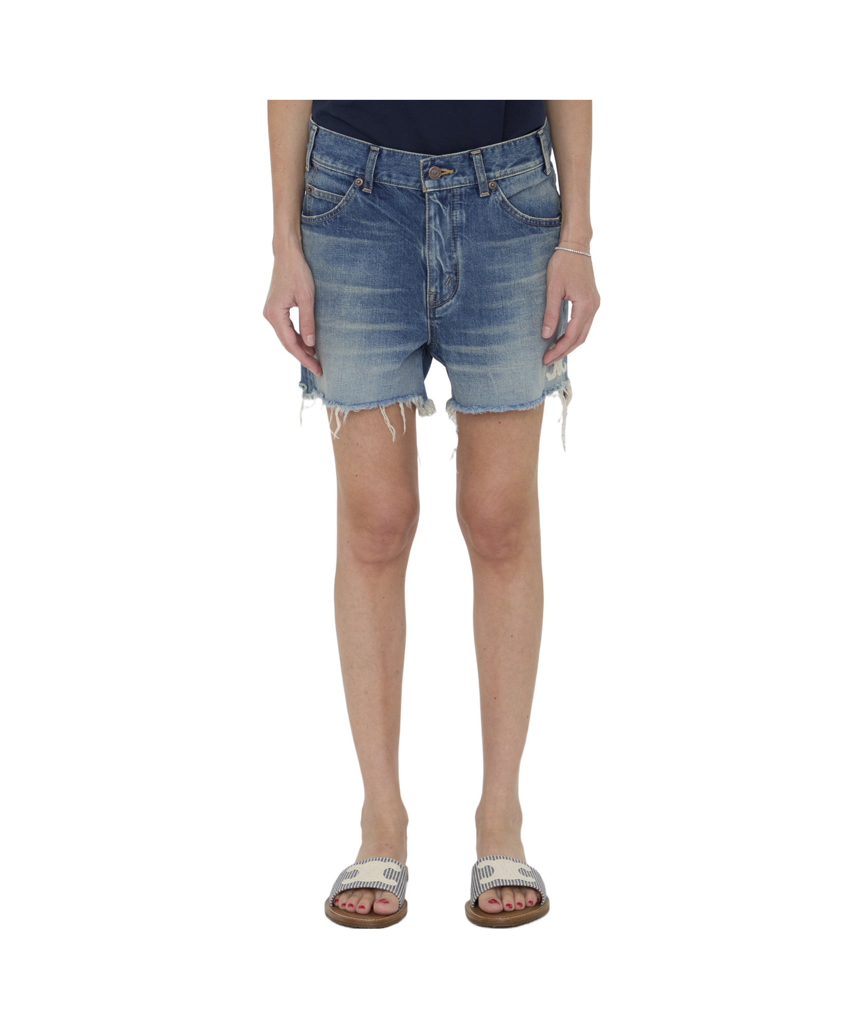 Celine Belt-loop Denim Shorts In Gray