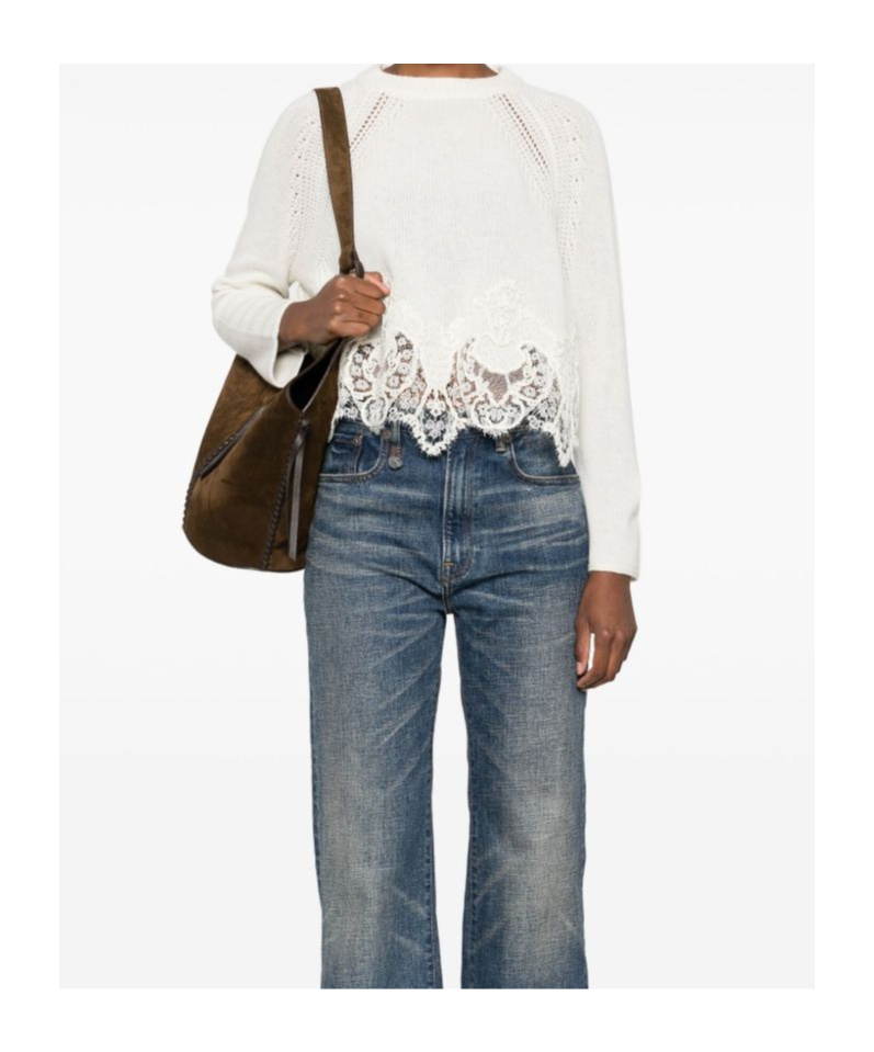 Ermanno Scervino Cropped Cashmere Sweater Lace Hem In White