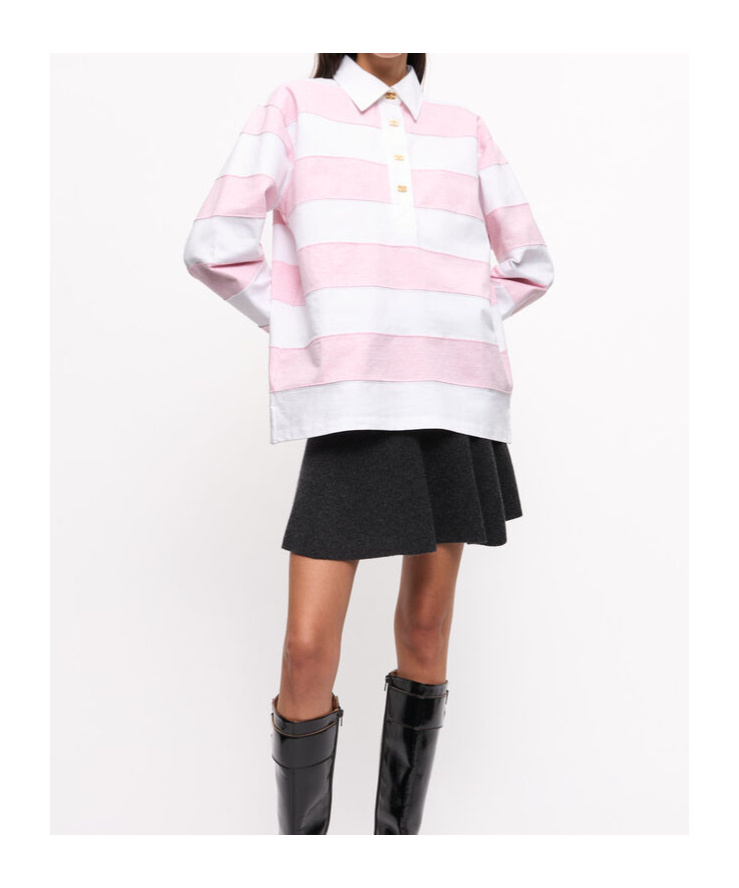 Ganni Striped Cotton Jersey Polo Sweater In White