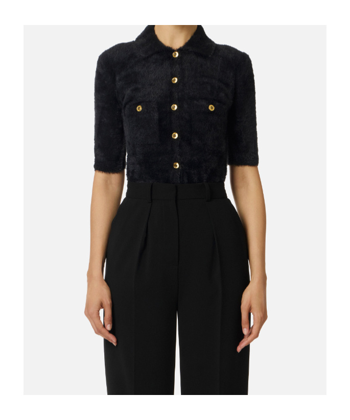 Elisabetta Franchi Mini Cardigan In Knit Fabric With Jewel Buttons In Black