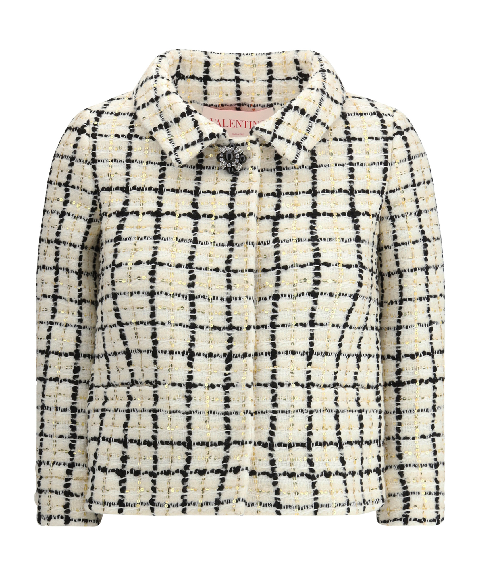 Valentino Check Three-quarter Sleeve Tweed Jacket In Nude