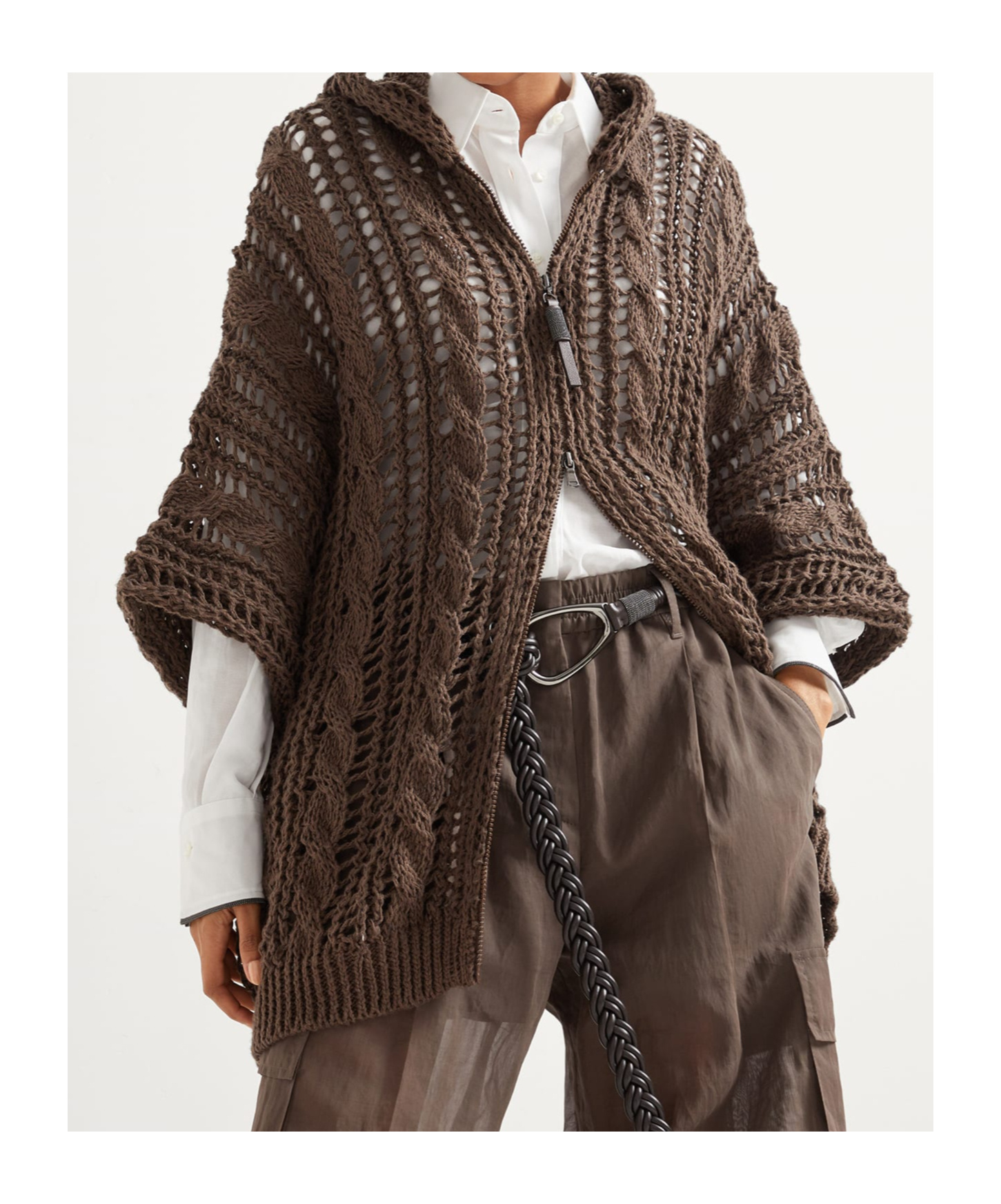 Brunello Cucinelli Knitwear Hooded Open-knit Cardigan Short Sleeves In Brown