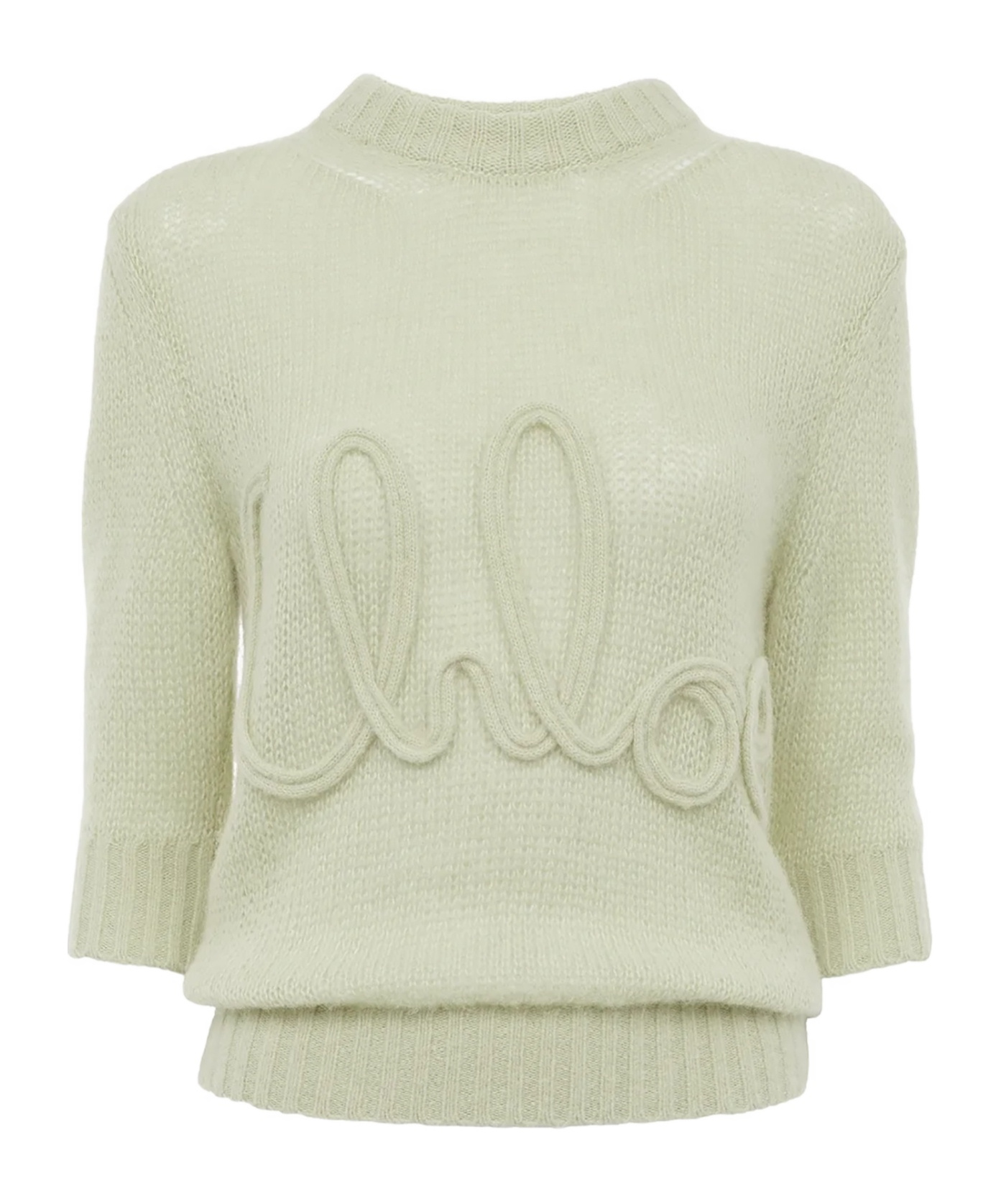 Chloé Elbow-sleeve Logo Jumper In Alpaca Wool & Silk Knit Green Size L 62% Wool Vicugna Pacos, Farmed, Coo In Green