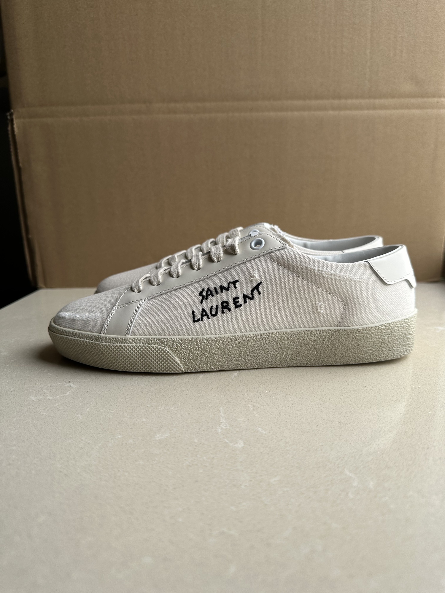 Saint Laurent Court Classic Distressed Logo-embroidered Canvas And Leather Sneakers In White
