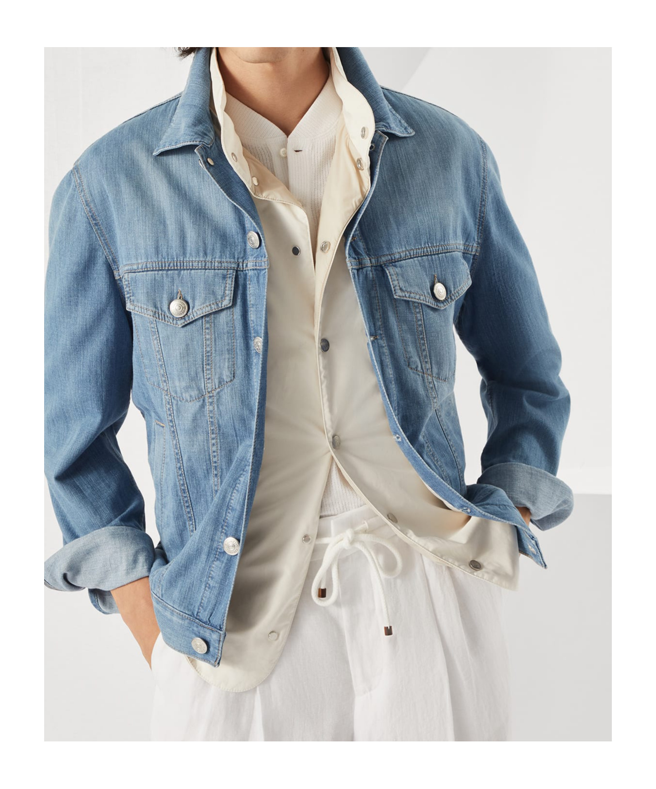 Brunello Cucinelli Blue Denim Cotton Jacket In White