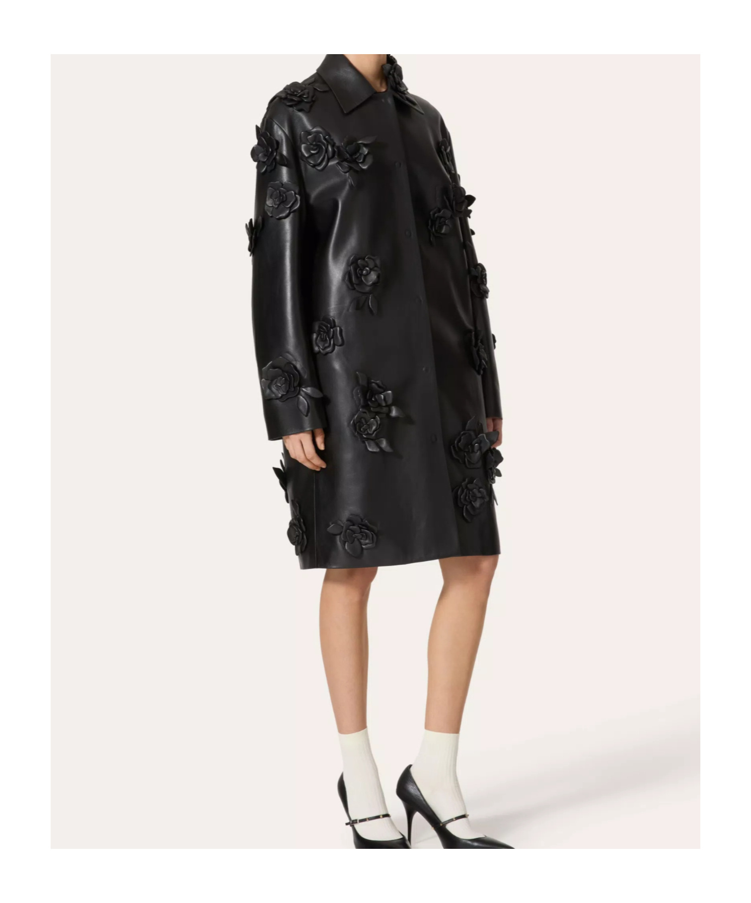 Valentino Black Leather Coat With Embroidery In Black