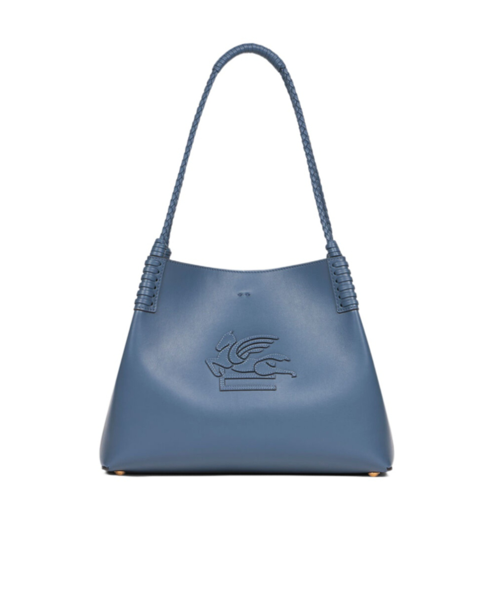 Etro Blue Calf Leather Shoulder Bag With Pegasus Emblem In Blue