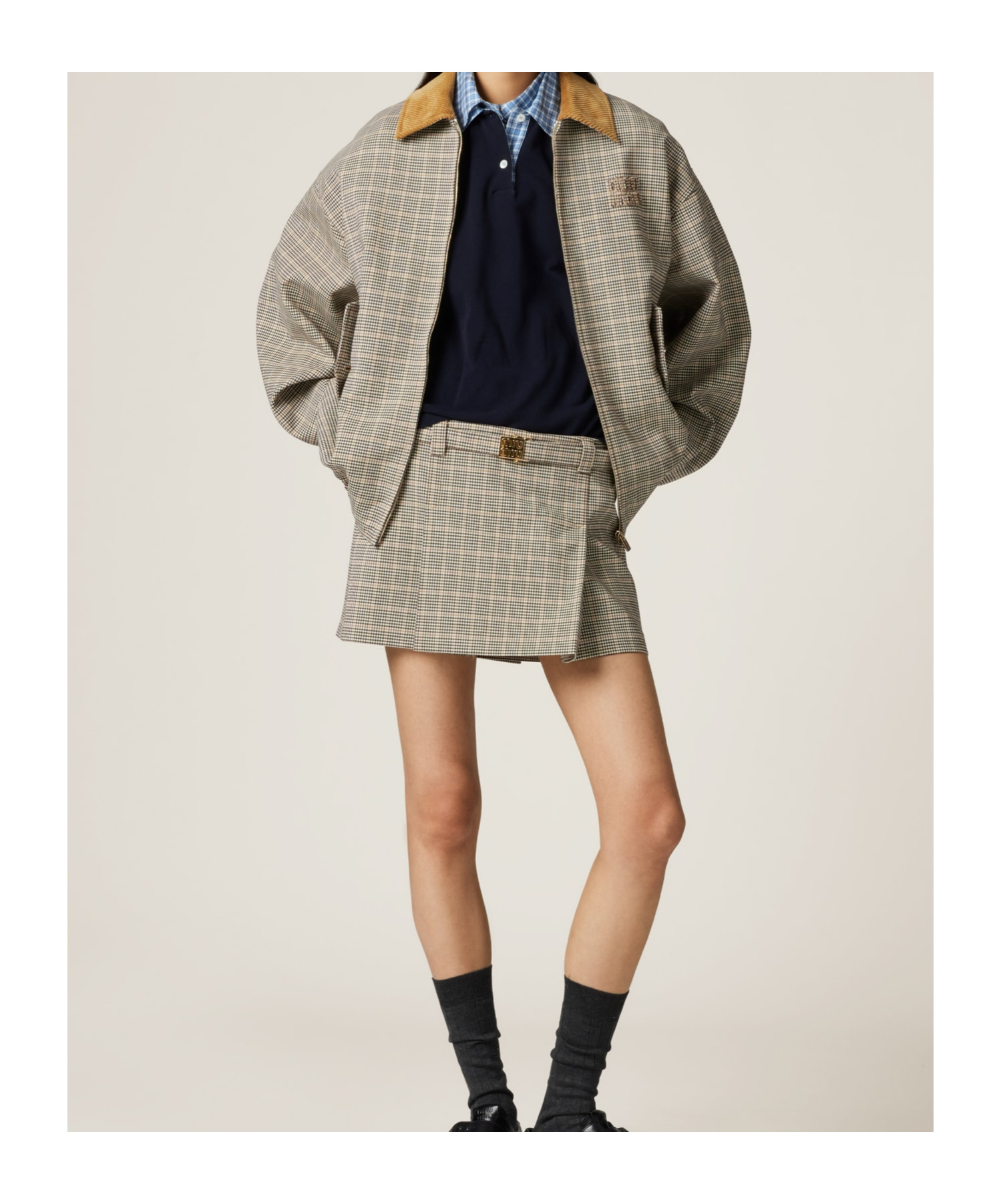 Miu Miu Checked Double Weave Blouson Jacket In Brown