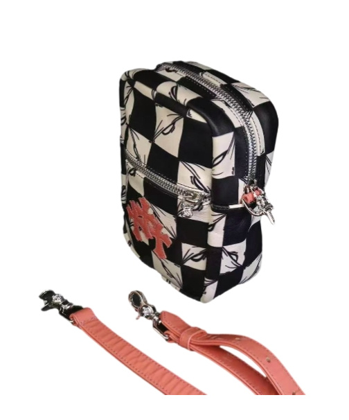 Chrome Hearts Cross-stitched Leather Checkerboard Camera Bag In Black