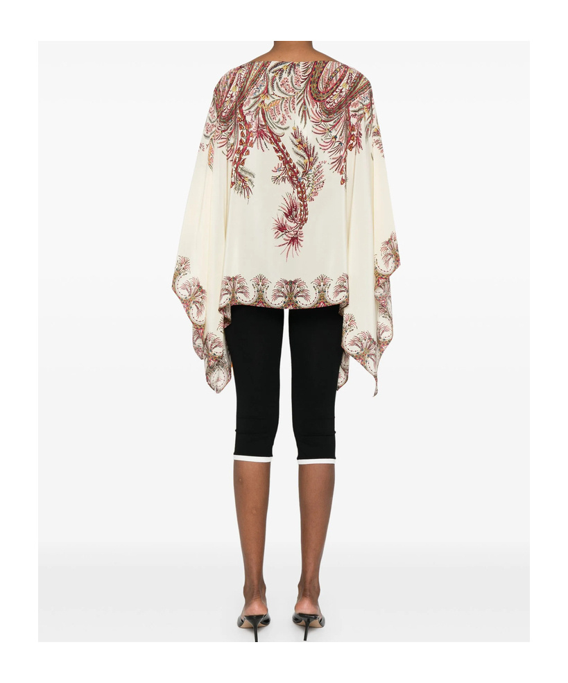 Etro Silk Poncho Top With Placed Print In Neutral