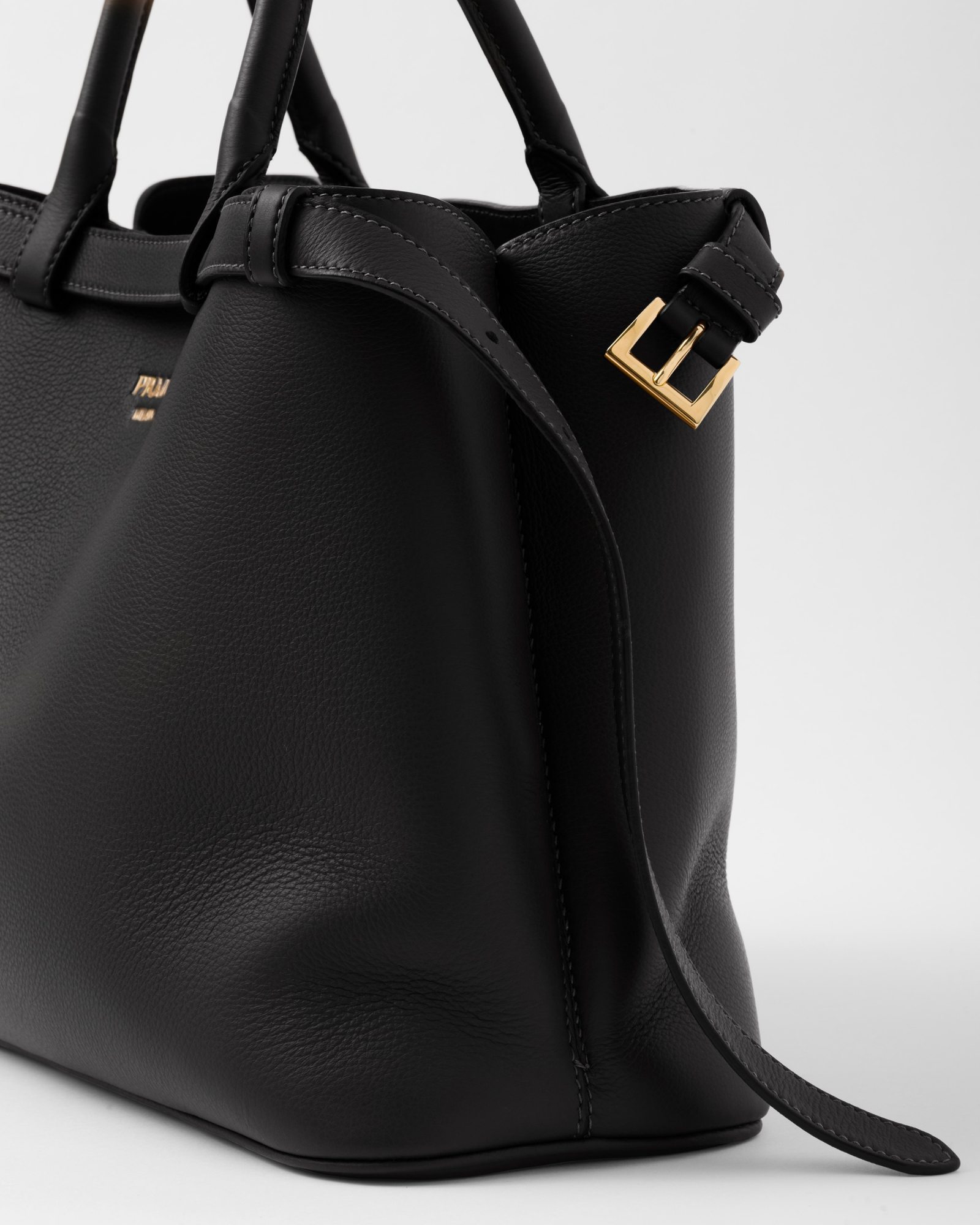 Shop Prada Medium Leather Handbag With Belt In Black