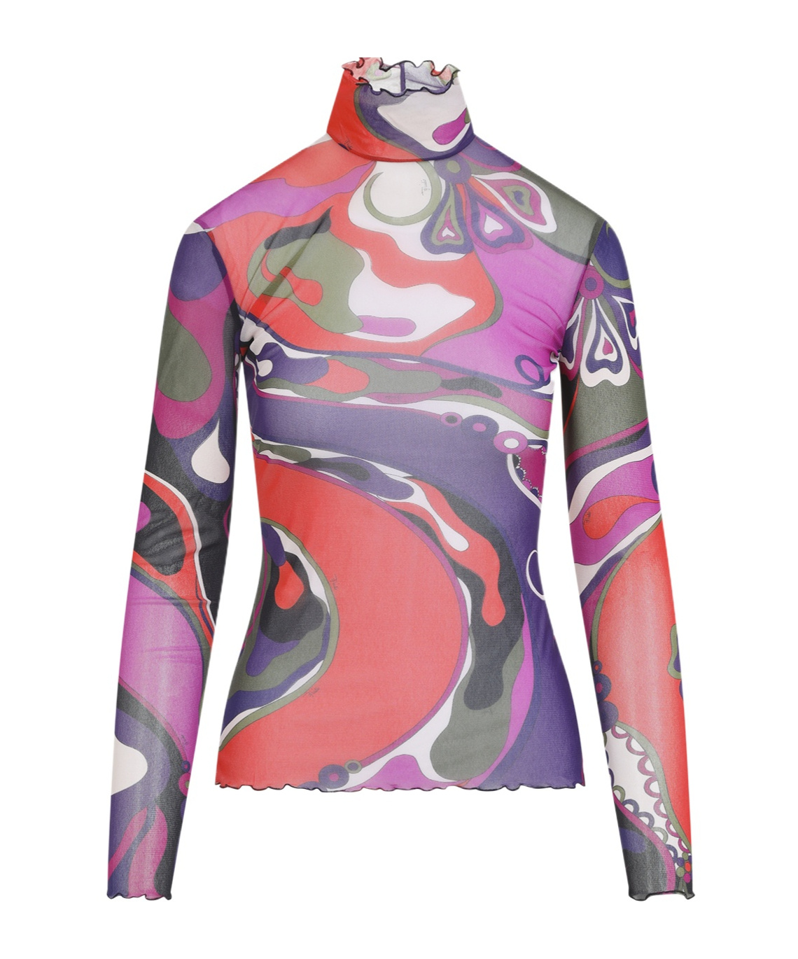 Pucci Long Sleeve Sheer Turtleneck Ruffled In Multi