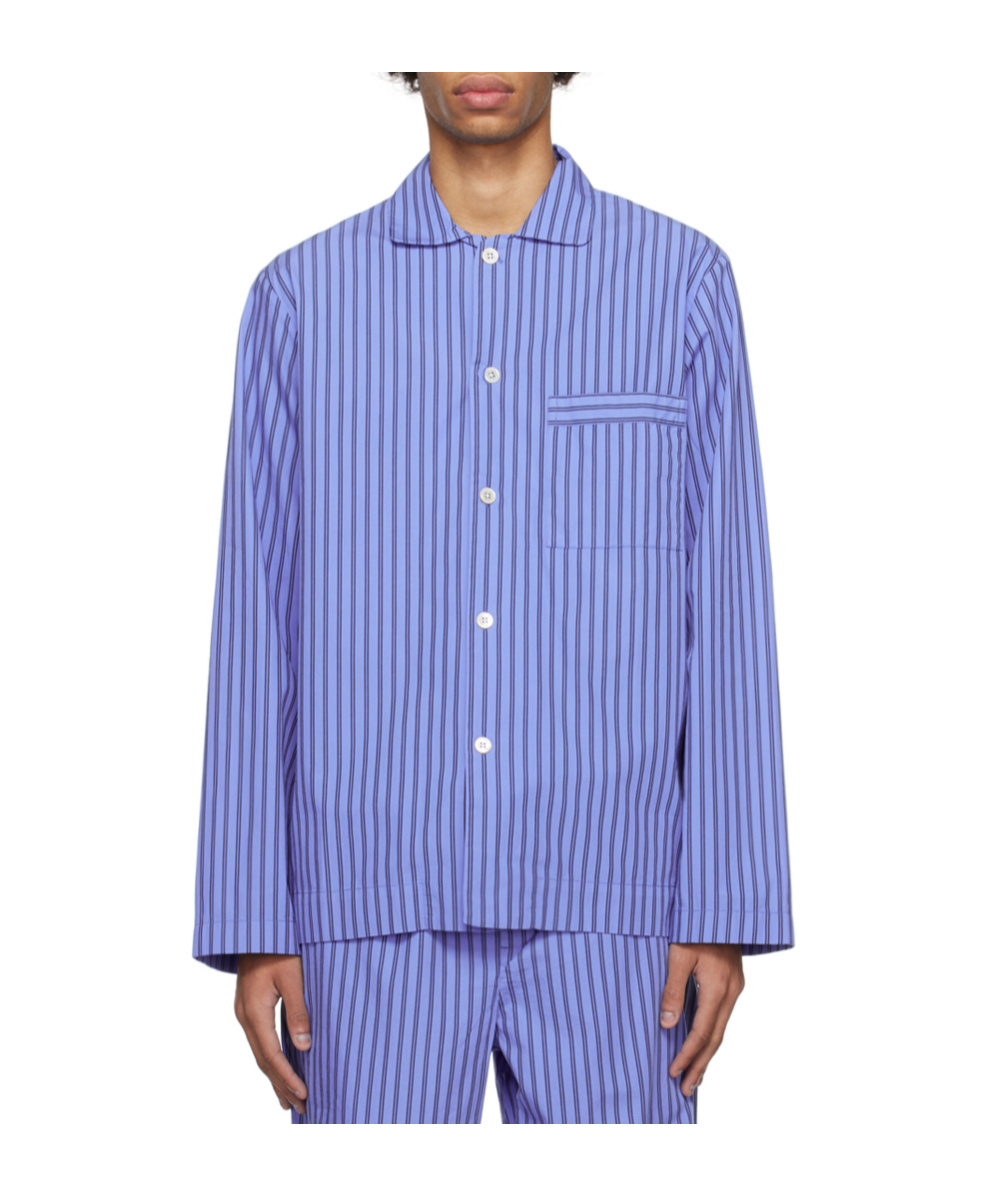 Tekla Camp-collar Striped Organic Cotton-poplin Pyjama Shirt In Blue
