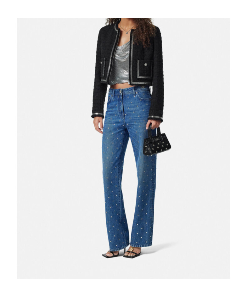 Versace Stud Embellishment Straight-leg Tousers In Blue