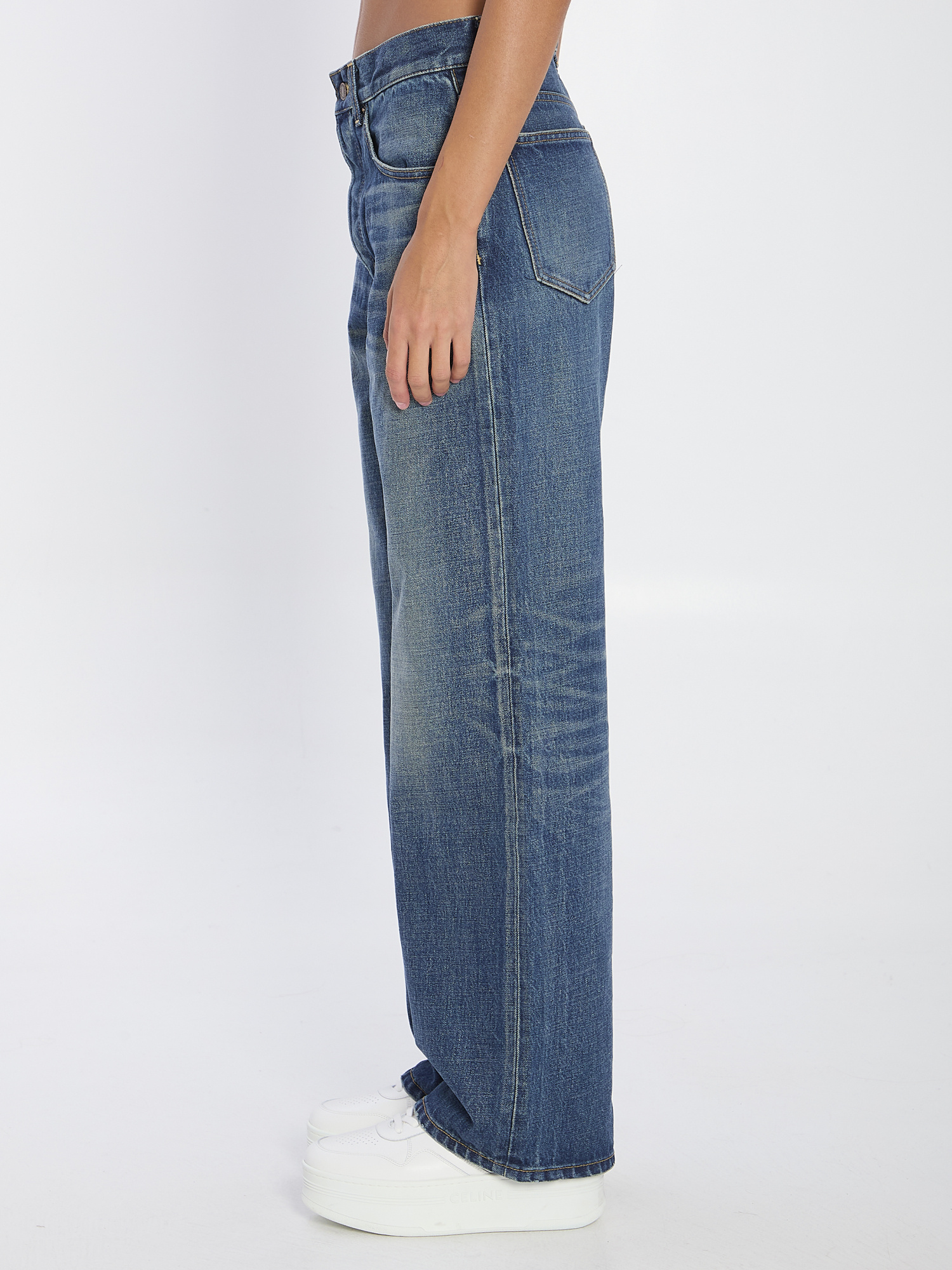 Celine Wide Leg Jeans In Dark Union Wash Denim In Blue