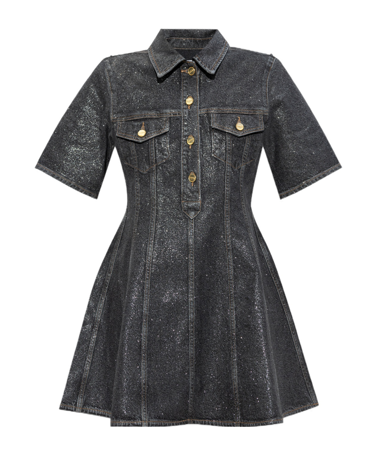 Ganni Shimmery Foil Denim Mini Dress In Gray