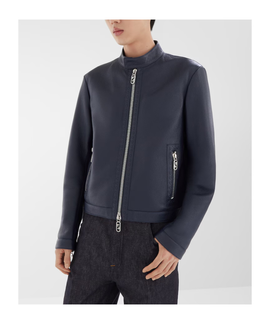 Fendi Logo Zipper Leather Jacket In Black