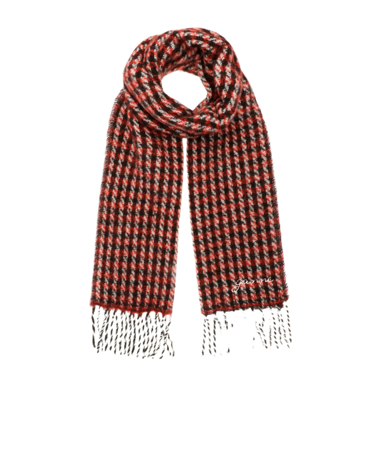 Ganni Red Check Fringed Scarf In Brown