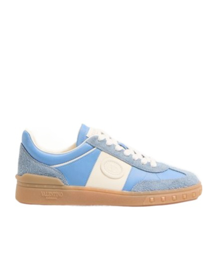 Valentino Upvillage Sneaker In Crust Leather With Nappa Calfskin Leather Band In Gray/sky Blue