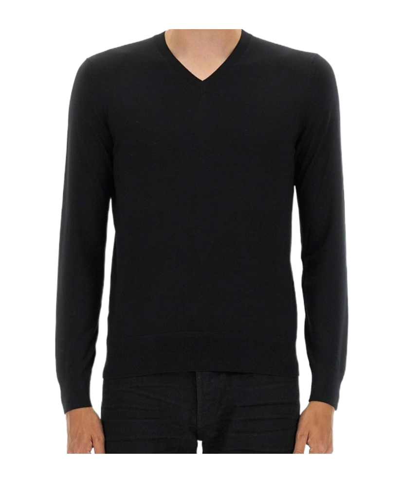 Tom Ford V-neck Black Wool Jersey With Long Sleeves In Black