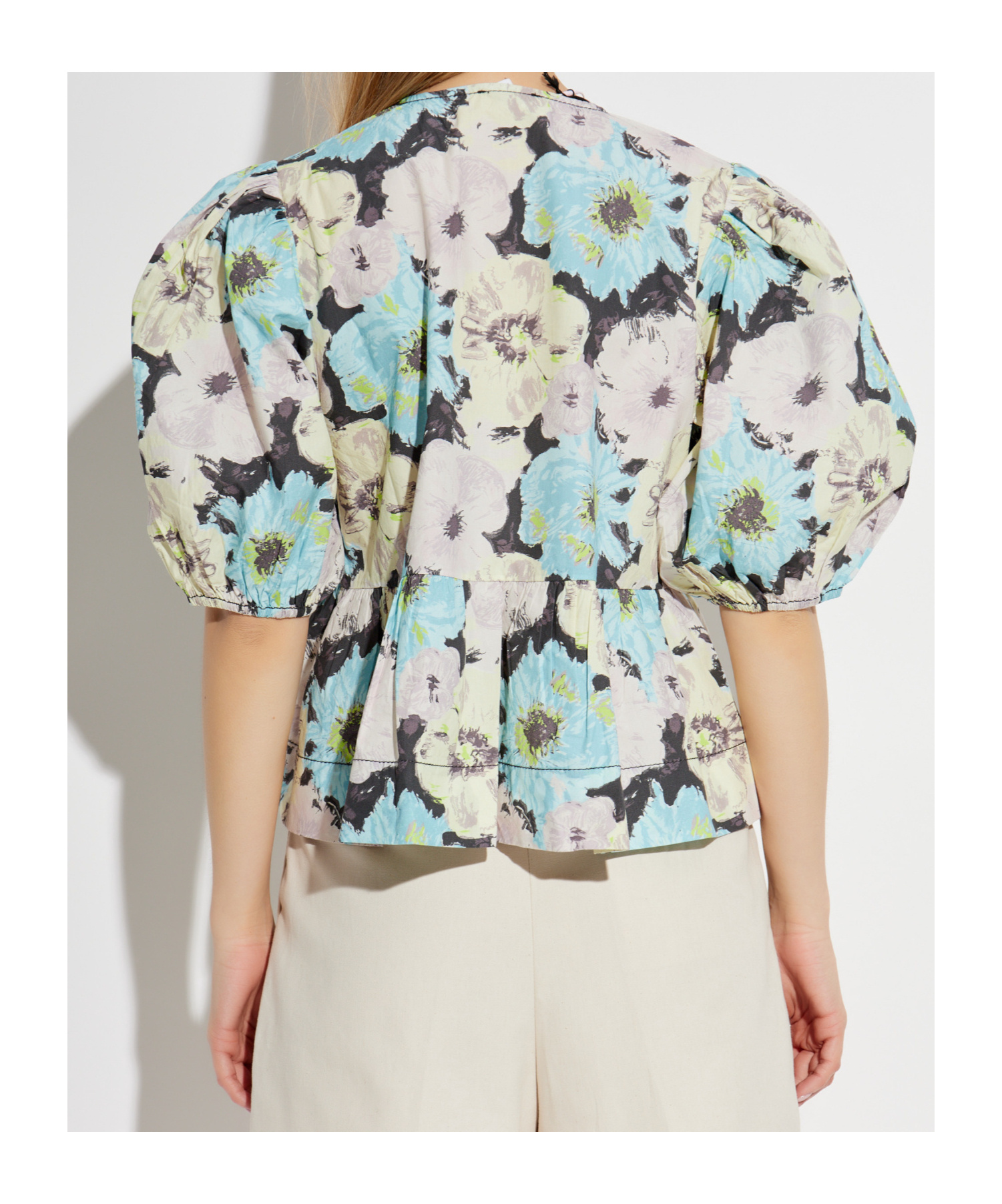 Ganni Floral Printed Cotton Peplum Blouse In White