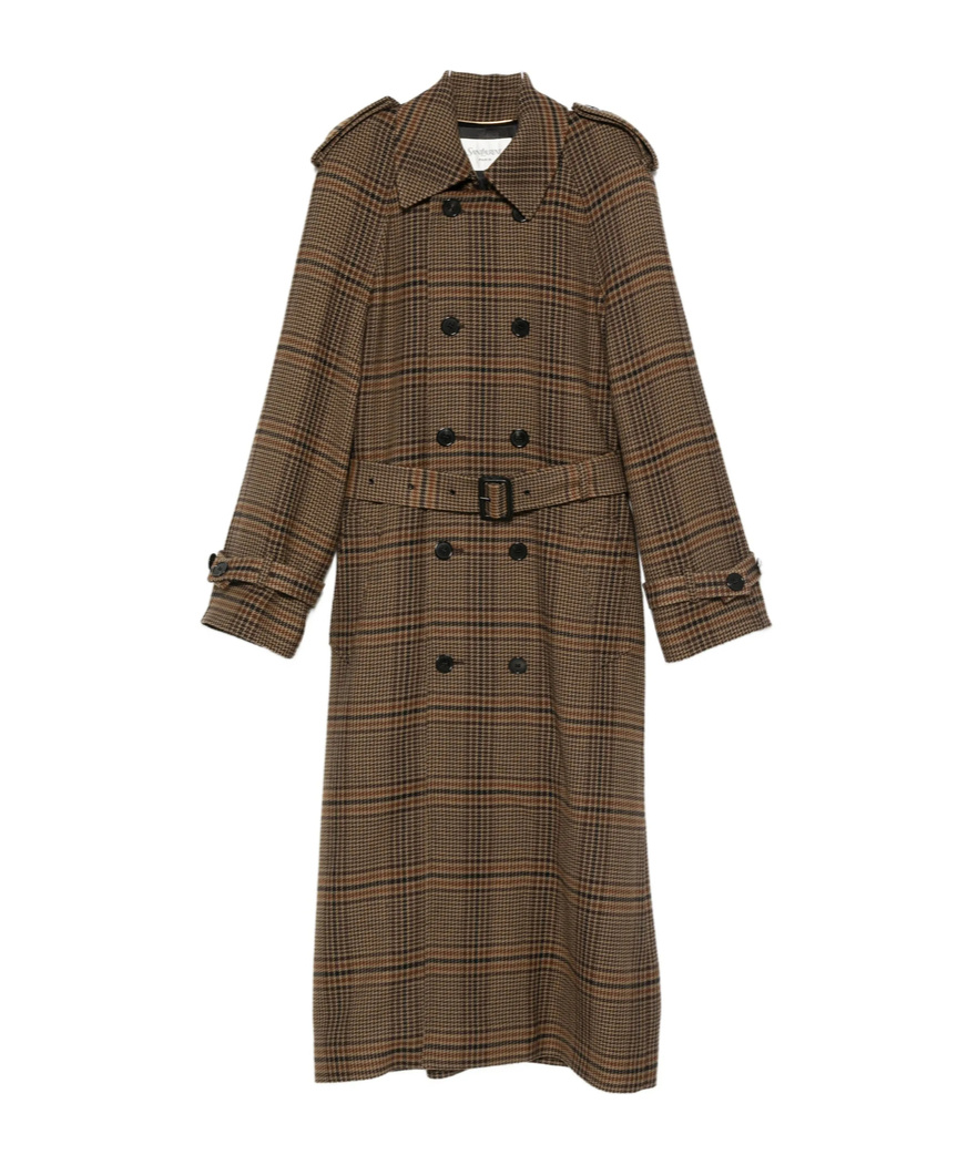 Saint Laurent Plaid Coat In Brown