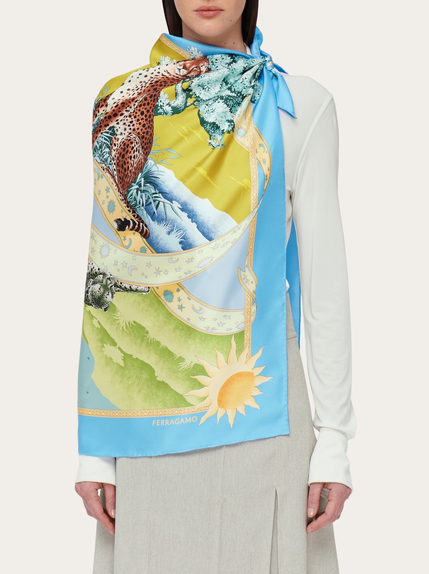 Ferragamo Floral Print Silk Scarf In Blue
