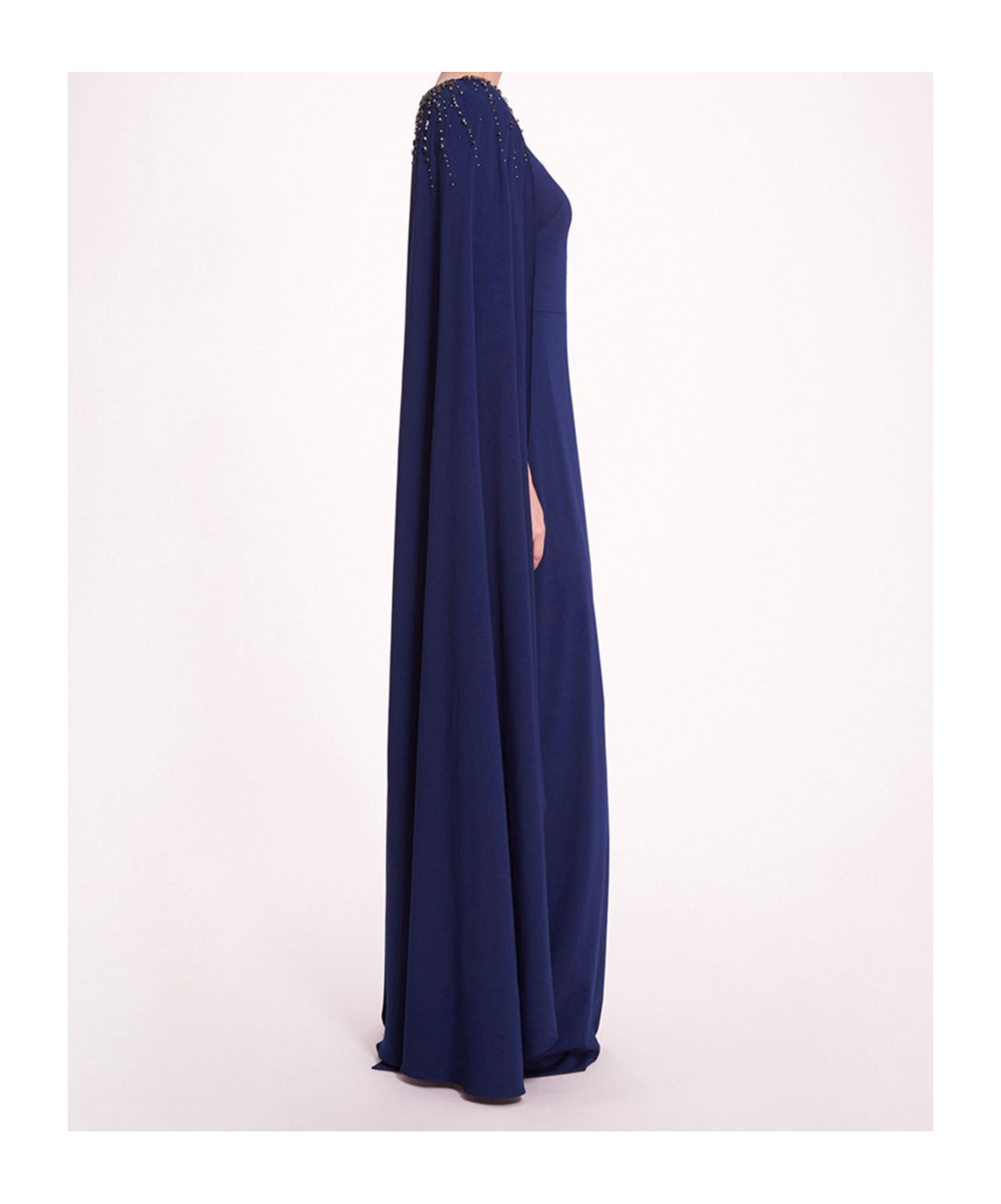 Marchesa Notte Caped Shoulders Crepe Gown In Blue