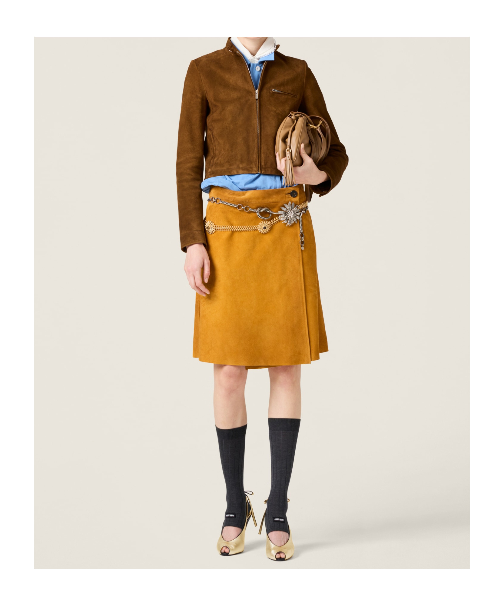 Miu Miu Long Sleeve Zip Up Jacket With Collar In Brown