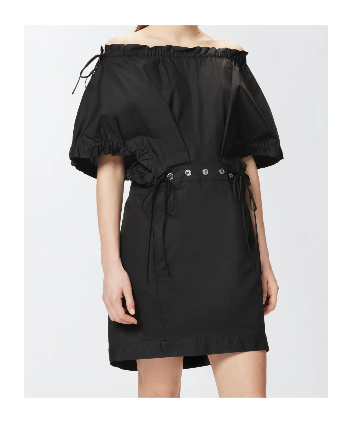 Pinko Poplin Mini Dress With Gathering And Eyelets In Black