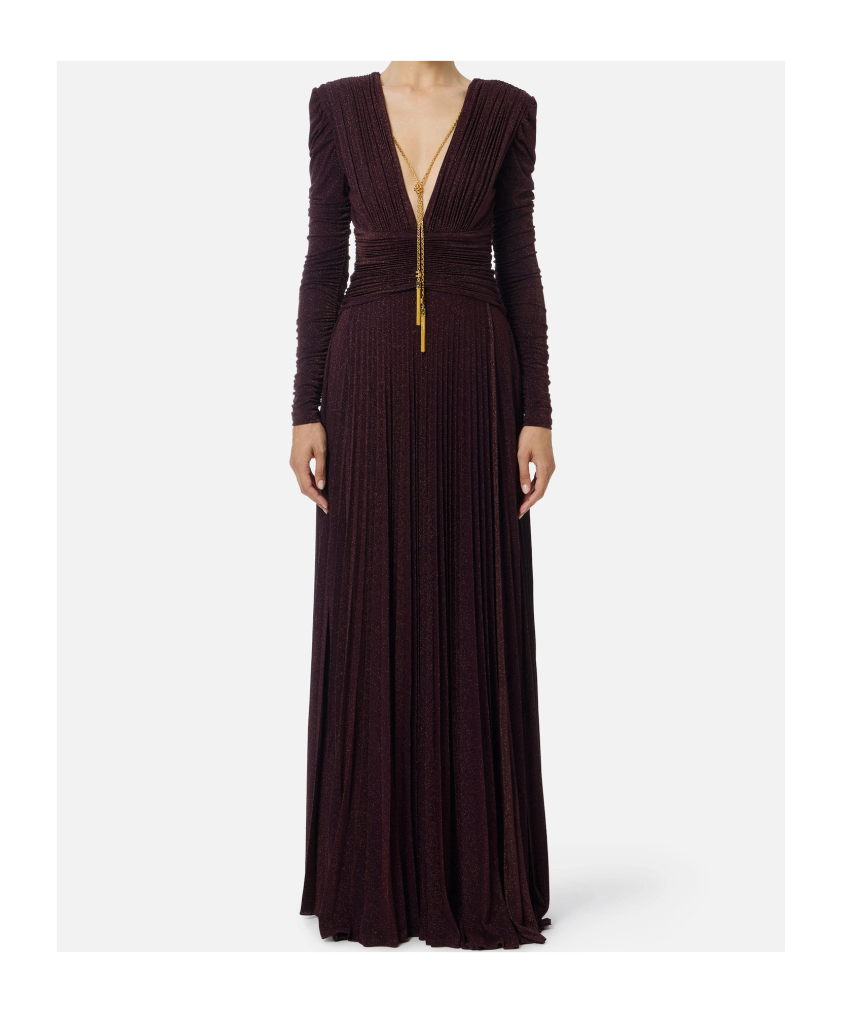 Elisabetta Franchi Red Carpet Dress In Lurex Jersey With Necklace In Brown