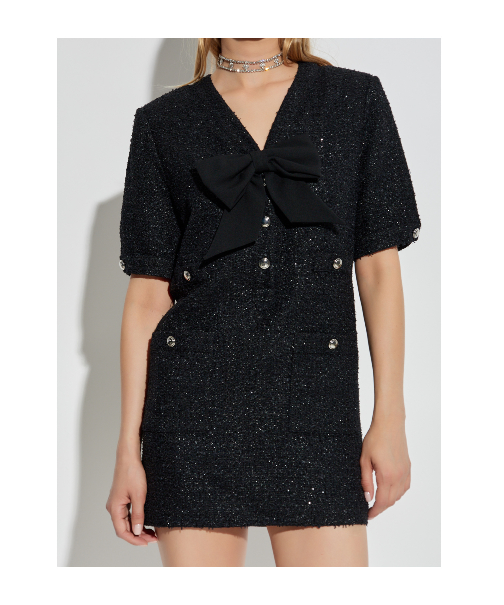 Alessandra Rich Bow-embellished Tweed Dress In Black
