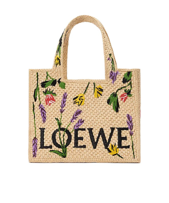 Loewe Font Flowers Small Raffia Tote Bag In Nude