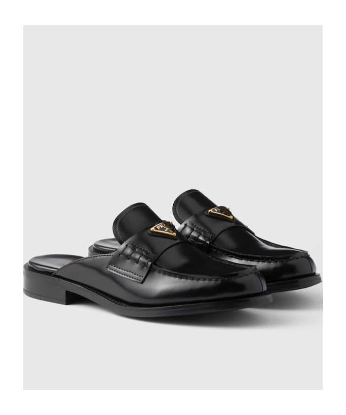 Prada Leather Logo Loafer Mules In Black