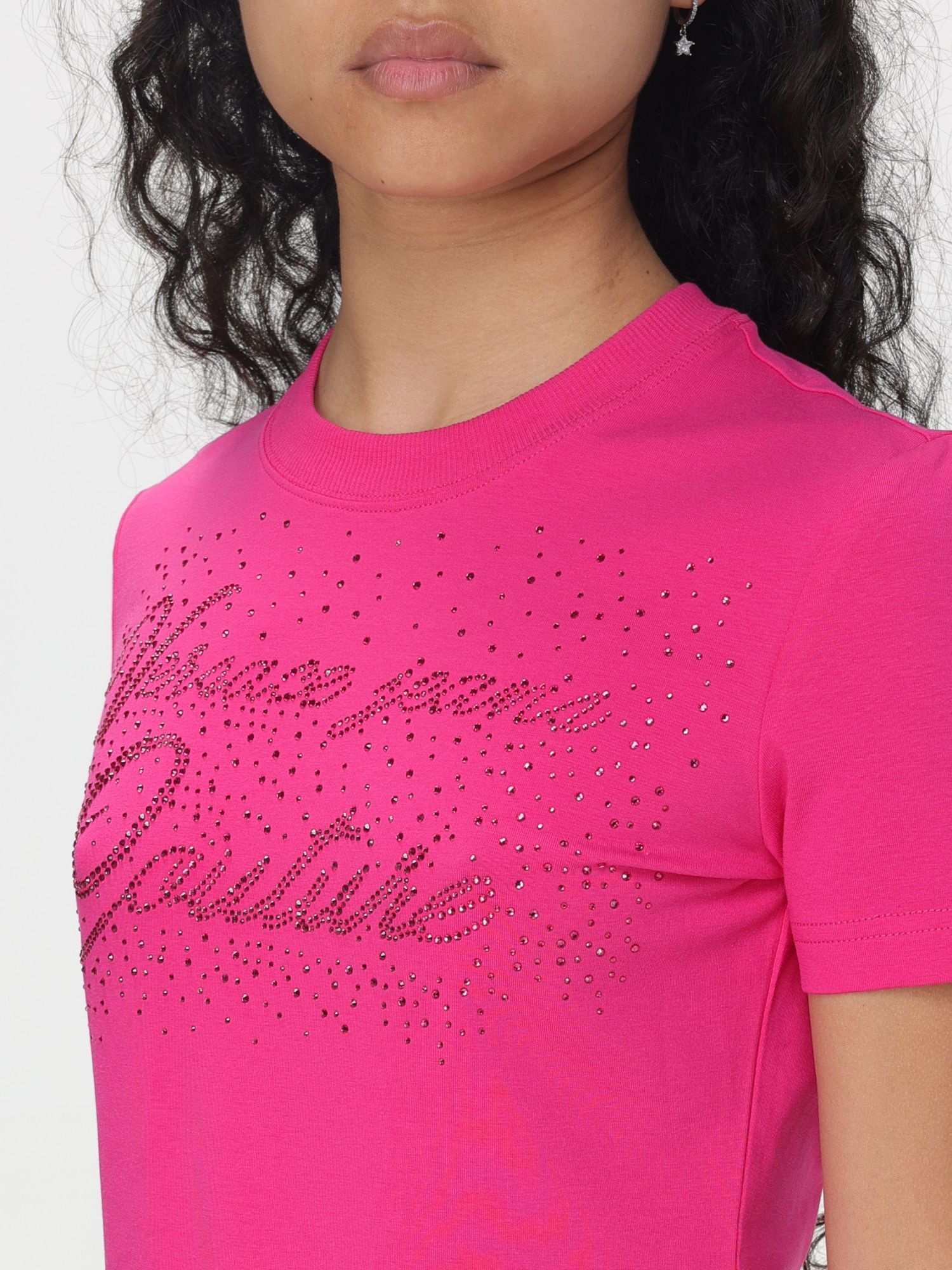 Versace Jeans Rhinestone-detailed Cotton-blend T-shirt In Pink