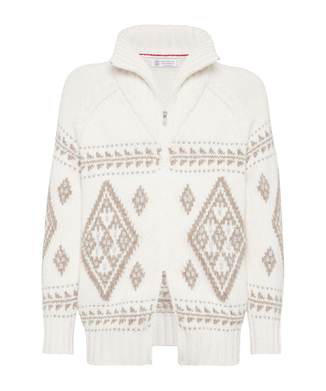 Brunello Cucinelli Men Geometric Jacquard Cashmere Feather Cardigan With Shawl Collar In White