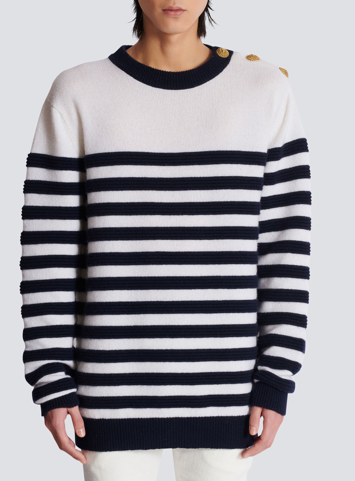 Balmain Button-detail Striped Cashmere Jumper In White