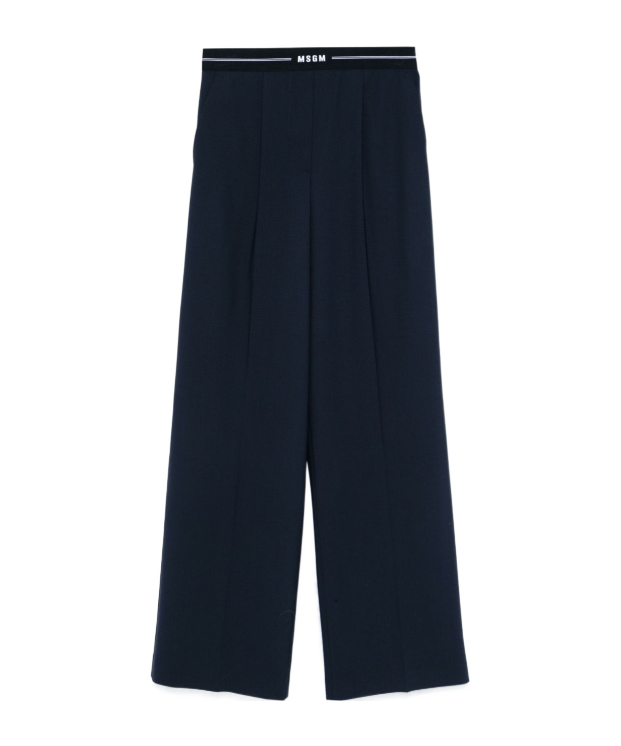 Msgm Blue Wool Trousers With Elastic Waistband And Logo In Black