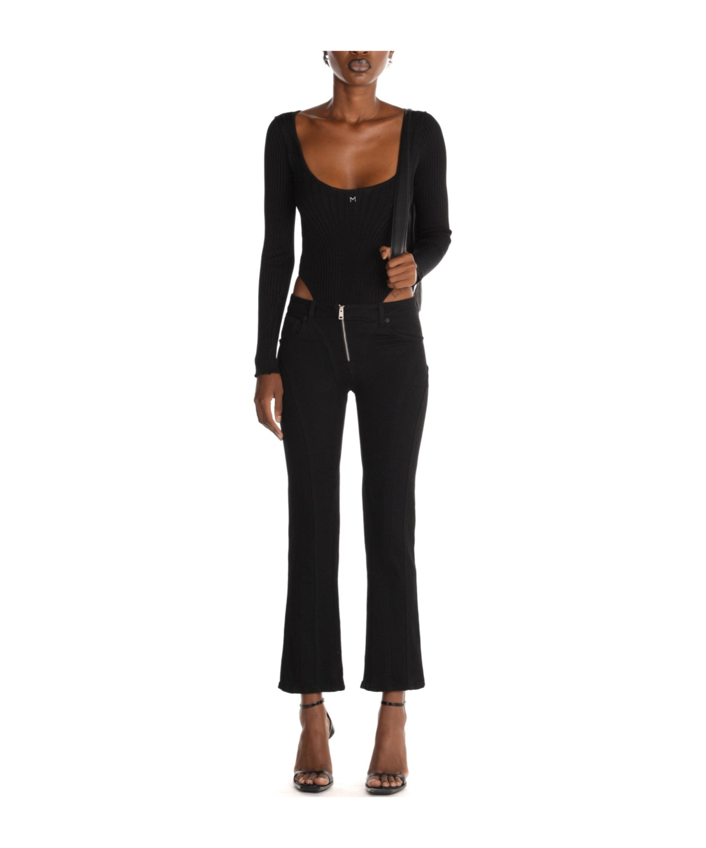 Mugler Logo-plaque Ribbed Bodysuit In Black