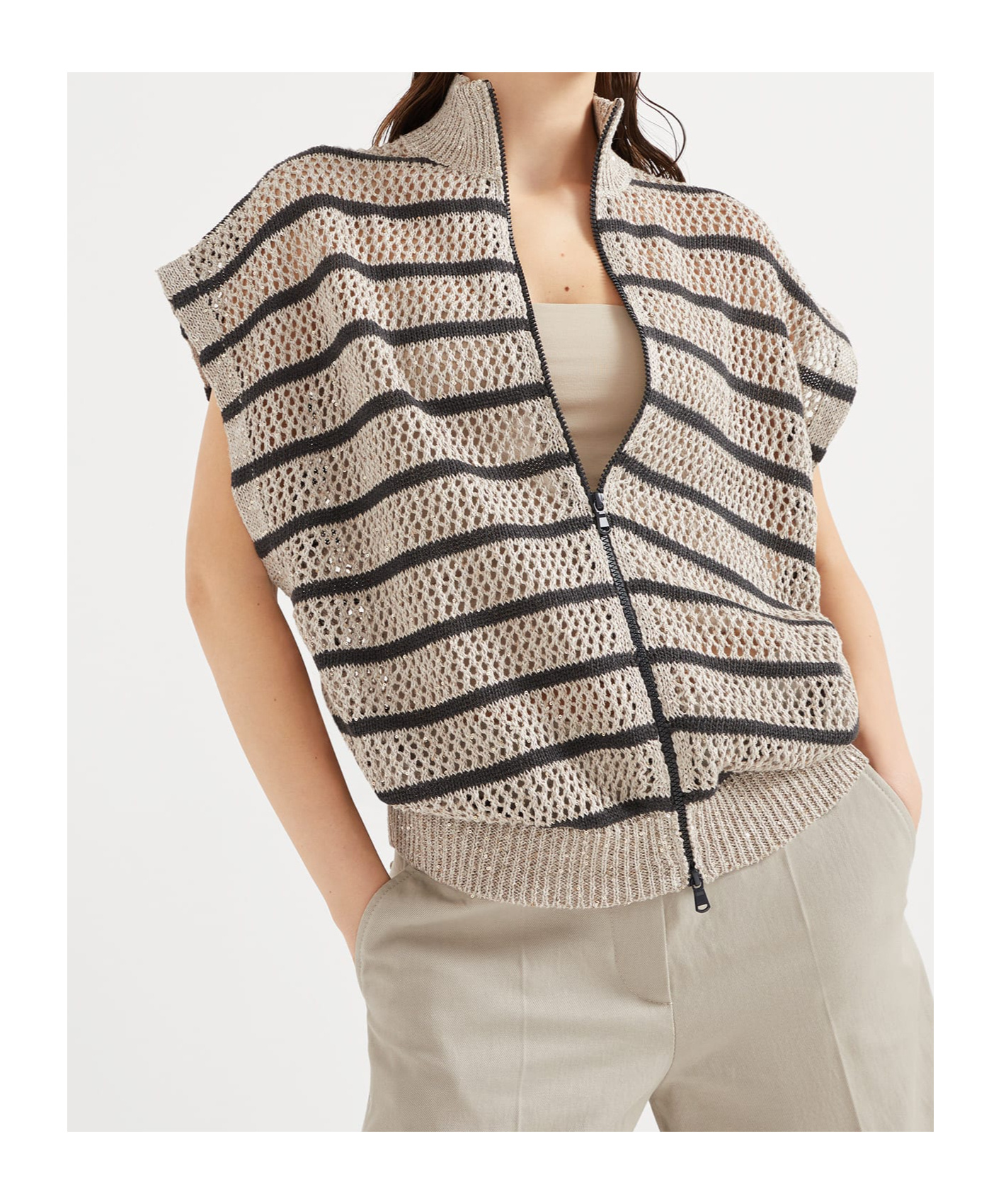 Brunello Cucinelli Beige Cardigan With High Neck And All-over Striped Motif In Nude