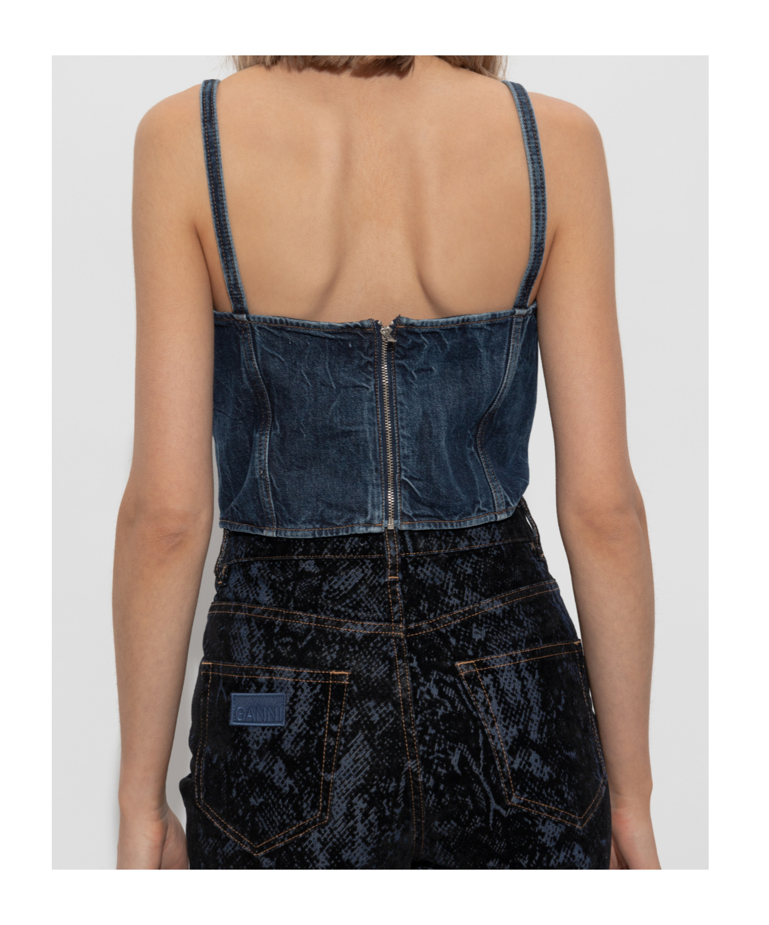 Ganni Crinkled Future Denim Strap Top Mid Blue Stone In Black