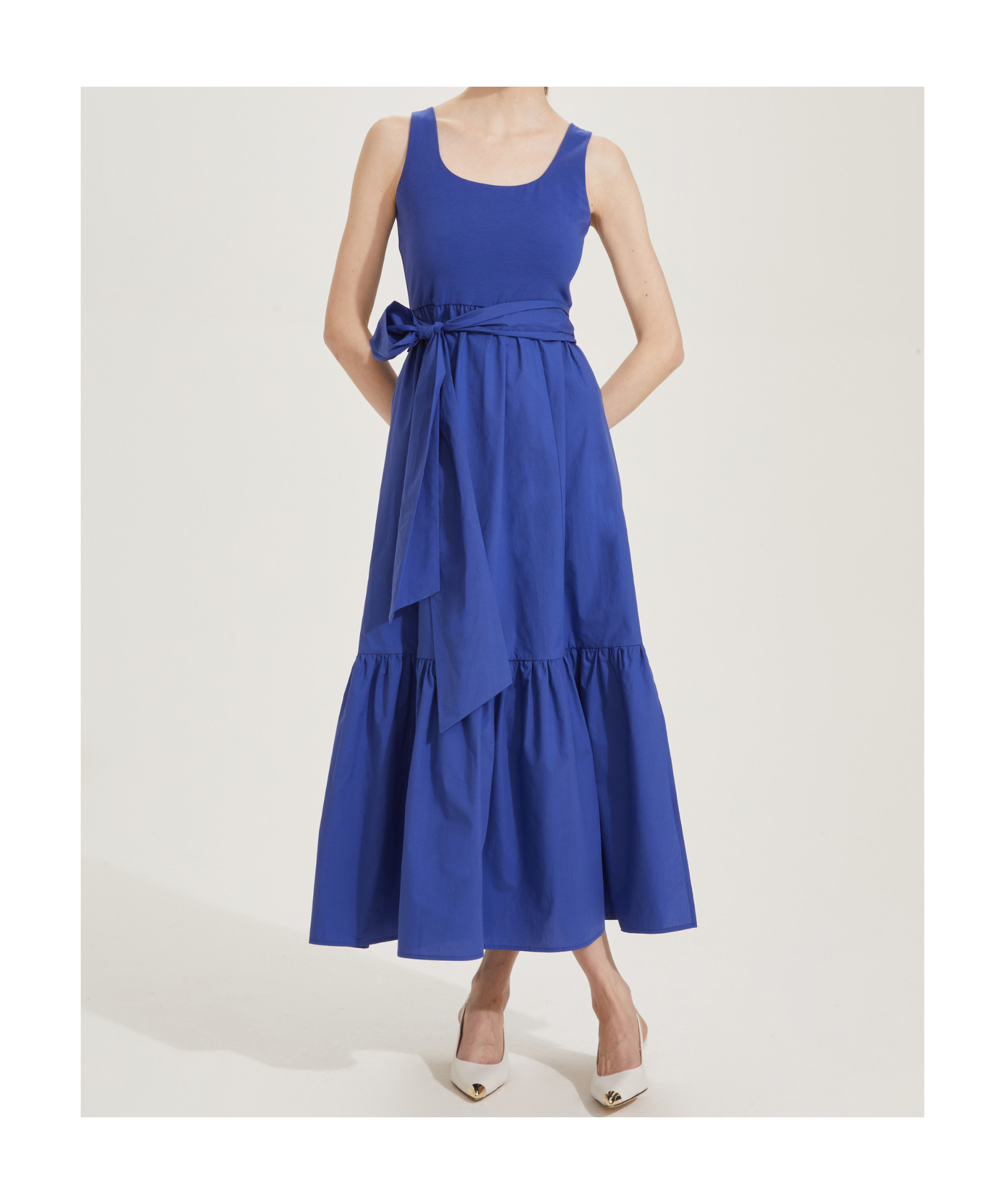 Marella Long Poplin Flounce Dress In Blue