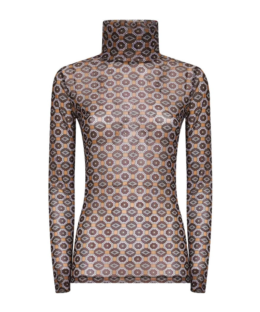 Dries Van Noten Crystal-embellished Printed Stretch-mesh Turtleneck Top In Blue
