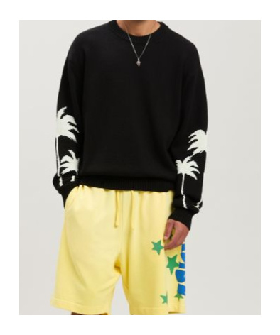 Palm Angels Black Sweater With Palms Motifs In Cotton And Wool Blend Man In Black